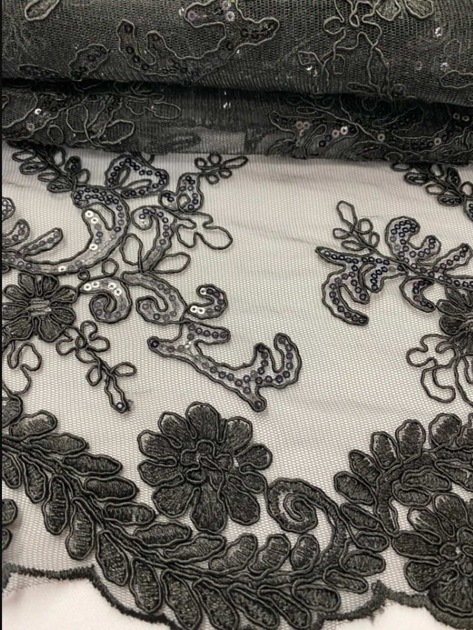 1 Yard Black Corded Mesh Embroidered Lace Fabric with Sequins Double Scallop Edge, 54” Wide